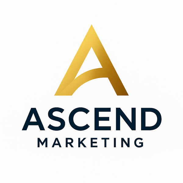 Ascend Marketing Atlanta logo – gold and midnight blue design with upward arrow icon.