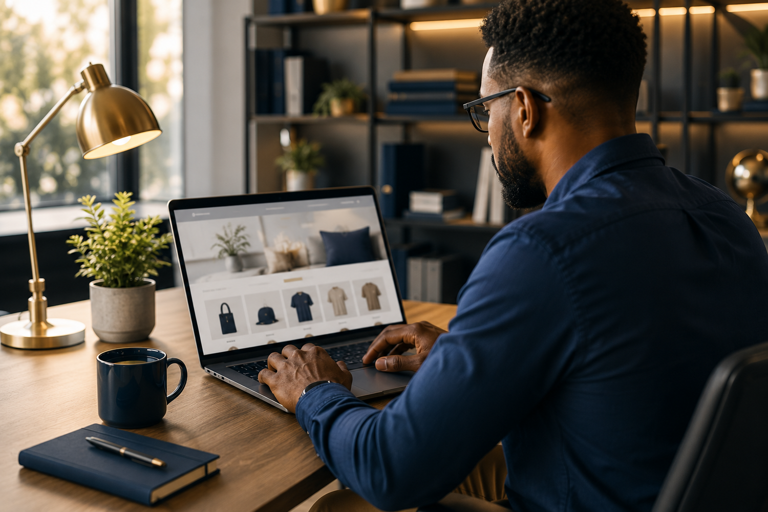 Business owner reviewing Shopify store on laptop
